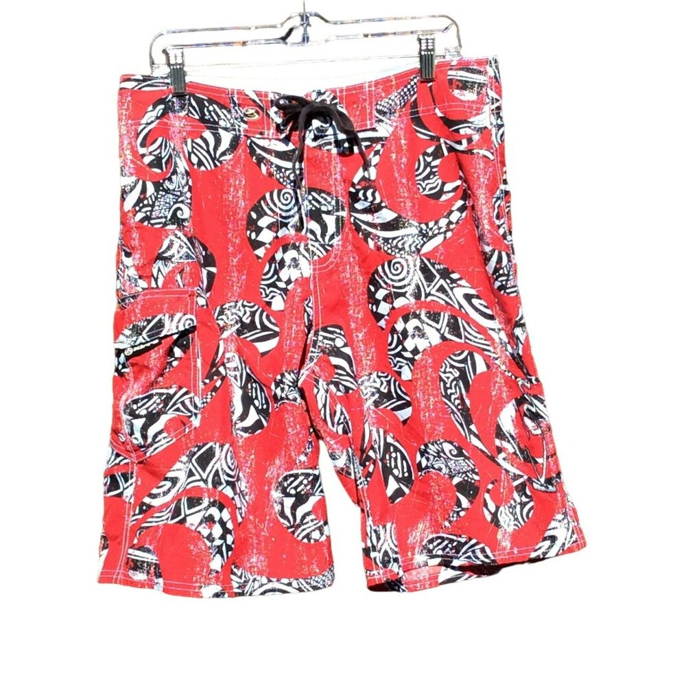 Kirra Mens Size 32 Red Black White Abstract Board Shorts Swim Trunks‎